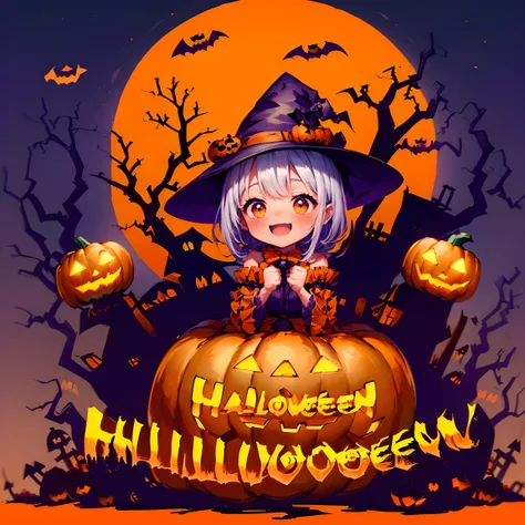 (Halloween theme:1.5), (magic:1.5), (fantasy:1.5), (centered image:1.5), (dark night sky:1.5), (cloud:1.5), (chibi emote:1.5), (chibi character:1.5), (Halloween party:1.5), (pumpkin monster:1.5), (cute ghost:1.5), (mummy:1.5), (trick or tree:1.5), (happy h...