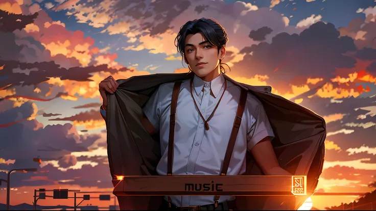 the sunset，eventide，middle parted hairstyle，Take off your coat，Suspenders