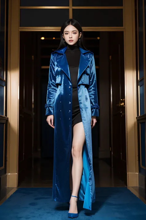 Royal blue gold velvet，Fitted fit，Bright metal，Atmospheric trench coat