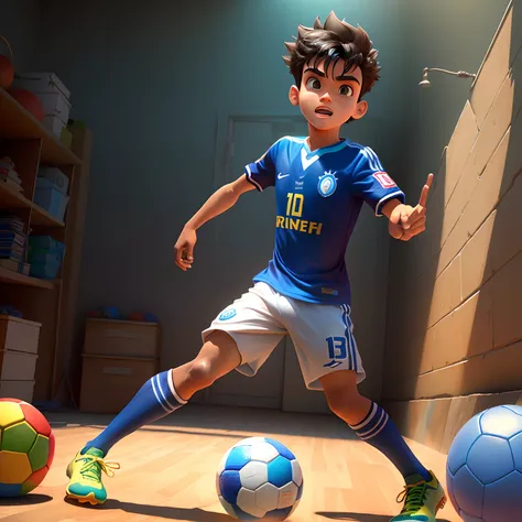 Crie uma imagem de um menino de 3 anos jogando bola em 3d estilo desenhos da pixar da Disney