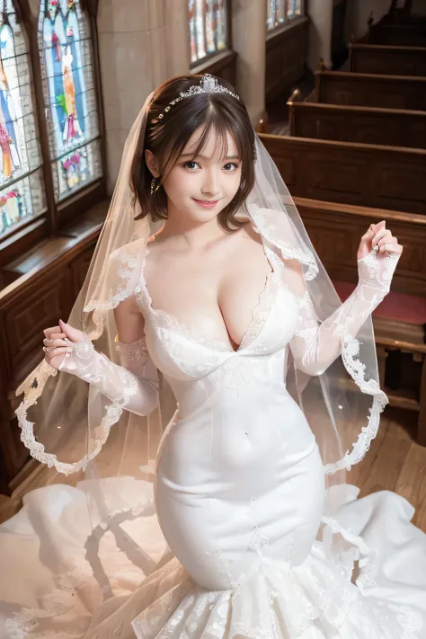 (Best Quality, masutepiece:1.2), (Realistic:1.3), (hyper detailed background, Detailed background), Bokeh, ((medium breasts:1.2)), ((cleavage)), ((spread breasts:1.2)), seductive eyes:1.4, (Sexy Obscene), frilly dress, (See-through pure white mermaid dress...