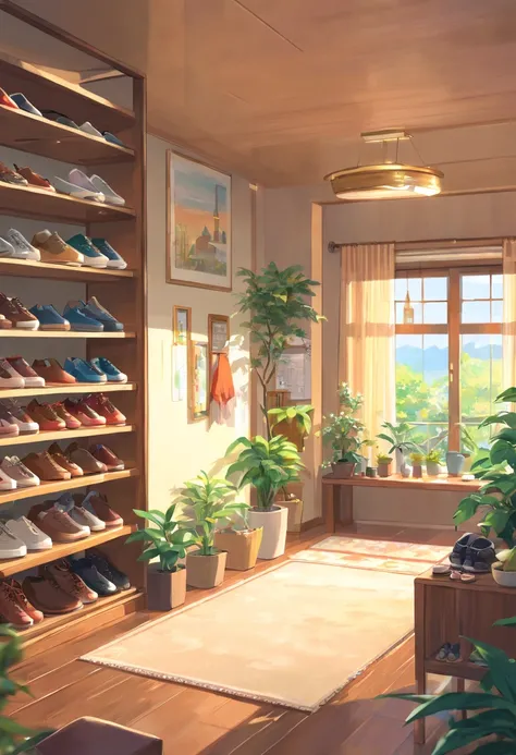 In the bright living room，(In the middle is the shoe cabinet:1.4)，(shoe:1.2)，There are slippers on the carpet, Next to it are plants