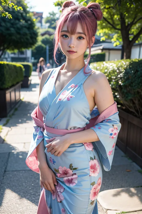 (masterpiece, best quality, beautiful girl, solo, gardeniass, 8k, official art, raw photo, detailed Blue eyes, full Pink Hair, 2 buns, classic yukata, teen, shy, curvy body, blue eyes