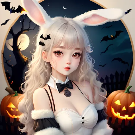 Bunny fursona, white fur, girl, anime style, halloween themed