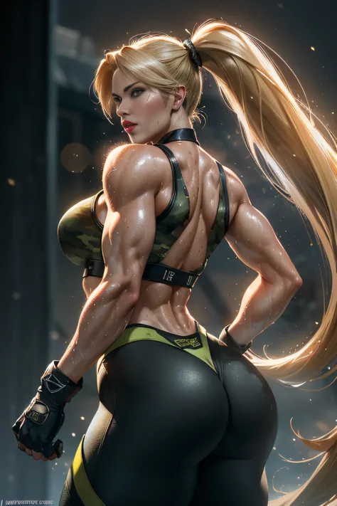 ((Sonya Blade from the Mortal Kombat series)), (She has big bright blue eyes), (Red lips), (Beautiful face), (Very long straight blonde hair high ponytail), (She wears a tank top, Black Gloves, Green Camouflage Pants), ((Best Quality)), ((masutepiece)), (g...