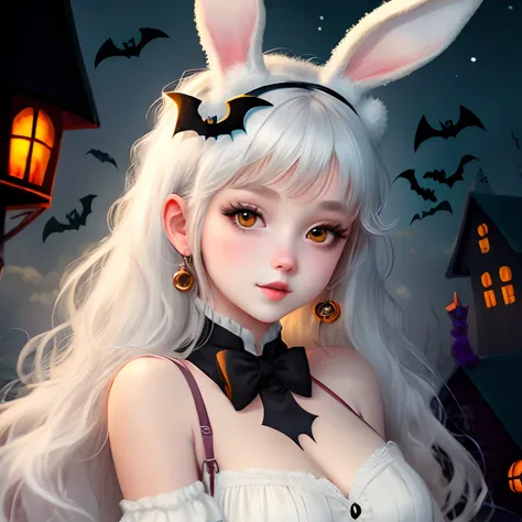 Bunny fursona, white fur, girl, anime style, halloween themed