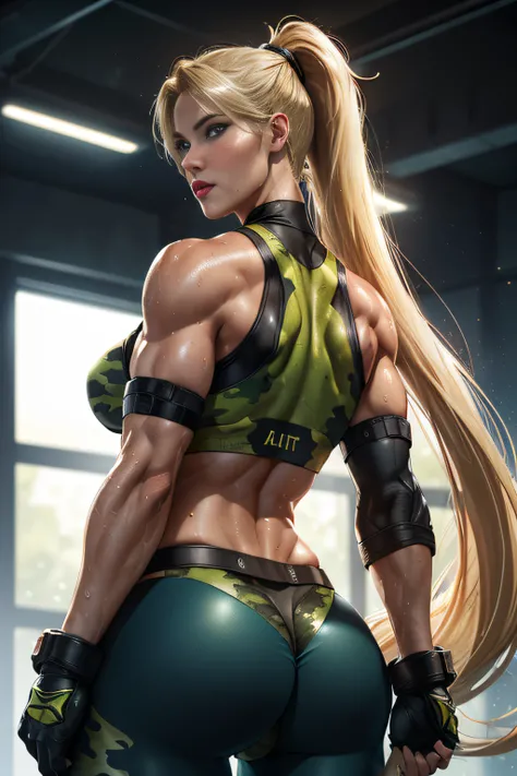 ((Sonya Blade from the Mortal Kombat series)), (She has big bright blue eyes), (Red lips), (Beautiful face), (Very long straight blonde hair high ponytail), (She wears a tank top, Black Gloves, Green Camouflage Pants), ((Best Quality)), ((masutepiece)), (g...