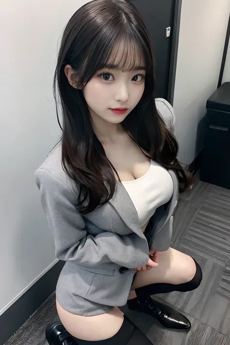 huge tit、g-cup、Woman in grey suit、Wearing a gray miniskirt、Height 145 cm、25-years old、Squatting in an empty office、Im looking at it from above