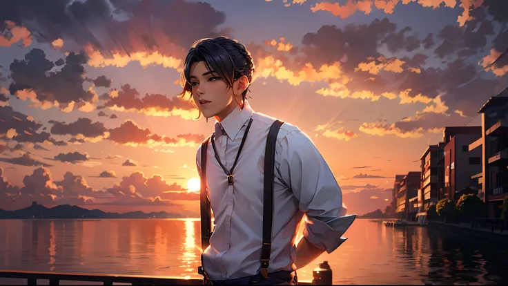 the sunset，eventide，middle parted hairstyle，Suspenders