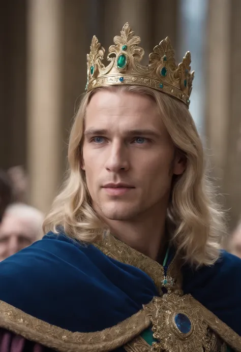 A royal king with luscious blonde hair and has a distinct jawline and beautiful blue eyes and a mean look on his face. He is surrounded by many Seahawks that are the distinctive colors green and blue. He is seated on a dark blue and lime throne that is jew...