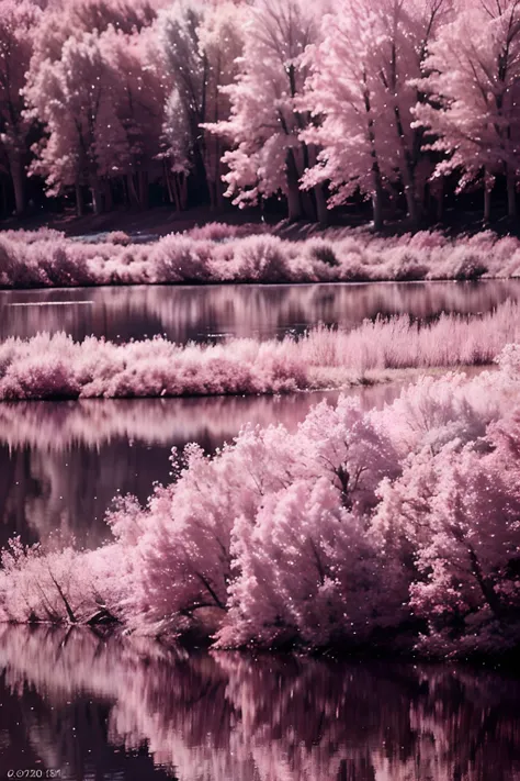 purple trees and bushes are reflected in a still - flowing river, infrared photography, pink landscape, pink reflections, infrared, beautiful nature, pink trees, really beautiful nature, infra - red, pink forest, pink tree beside a large lake, surreal colo...