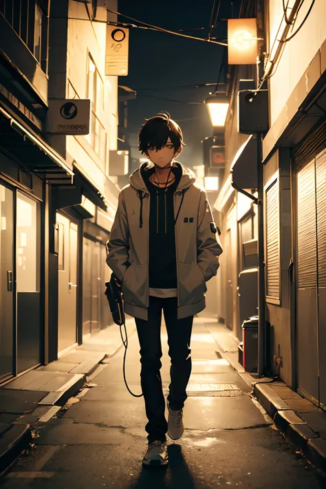 A cool boy wearing headphones and walking through the outskirts of the city while its the night time