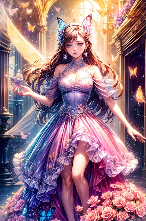 Falling into the human world、Describe an angel trying to adapt to modern human life, Including the moral challenges they face,((Beautiful flowers and butterflies on background々There is a,carafe)),Super detailed and accurate,The color of the dress is pink,