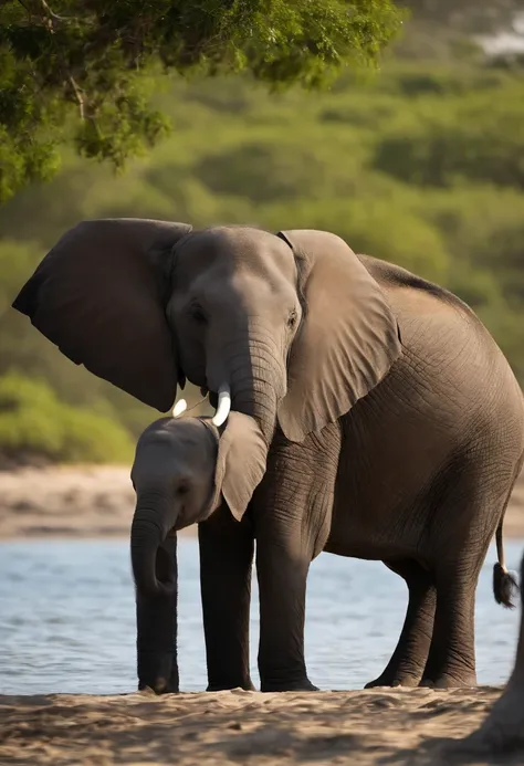 There is an elephant，Enjoy a walk by the sea，And a baby elephant was happy