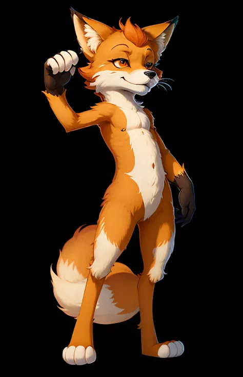 Furry style, full body orange fox, male with red hair and eyes. Playful expression