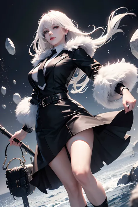 Photorealistic、High resolution、1womanl、Solo、hips up high、Lolita costume、Beautiful eyes、white  hair、Ringed Eyes、Collared shirt、black necktie、Black skirt、pencil skirts、Fur coat