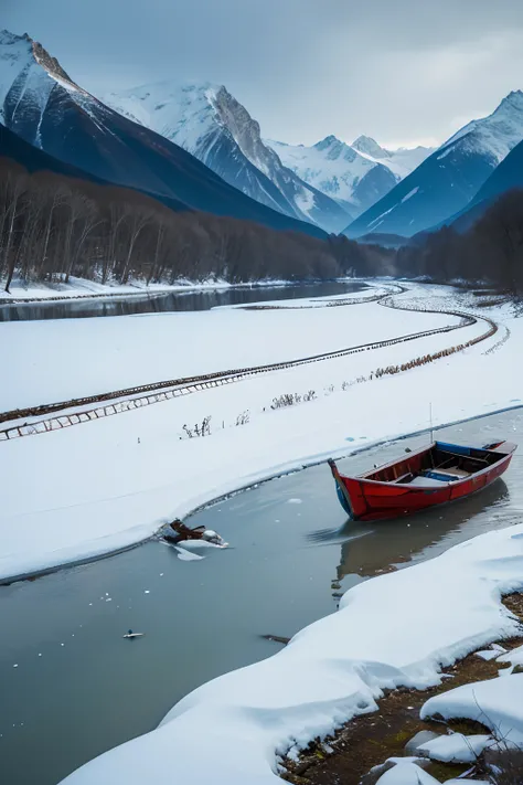 A thousand mountains and birds flew away, and thousands of people disappeared.
Lonely boat, fishing alone in the cold river and snow.