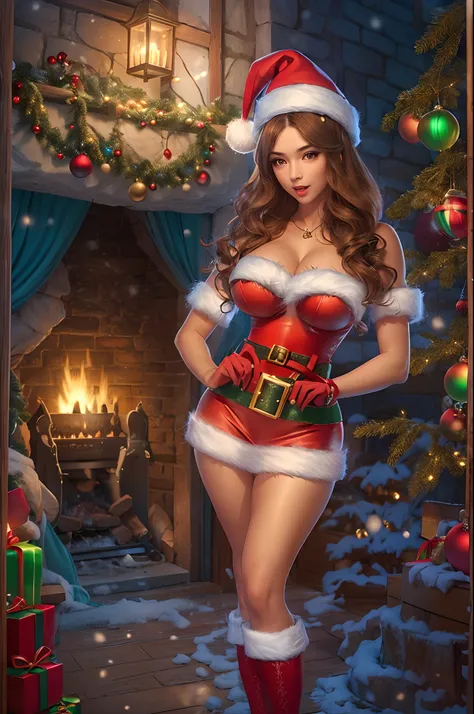 Beautiful and sexy Santa Girl  wearing a sexy form fitting beautiful santa outfit, lots of fir complex designs,Slim body, huge boobs, thin waist. In a magical cozy cottage filled with majical christmas decorations, roaring fire in the fireplace, warm light...