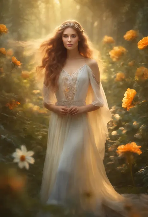 a girl in a mystical forest, enchanted, surrounded by vibrant flowers and magical creatures, holding a glowing crystal, bathed in soft ethereal light, with long flowing hair and a serene expression, in a dreamy fairy-tale atmosphere, with a touch of fantas...