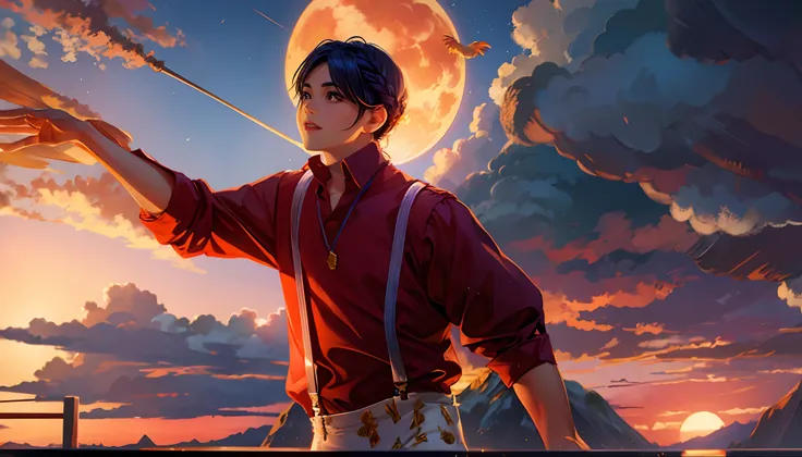 the sunset，eventide，middle parted hairstyle，Suspenders，Hand throwing chickens