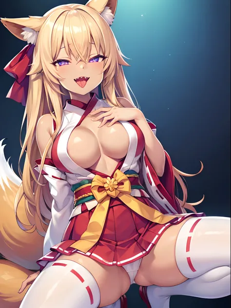 game cg, Highly detailed and realistic CG, Colorful, Masterpiece, Best Quality, jewel-like eyes, 1girl, solo, blonde hair, shiny hair, long straight hair, slender, Japanese miko costume, layered mini skirts, white tights, violet eyes, large breasts, saggin...