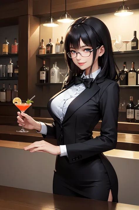 1lady solo standing, bartender /(formal outfit/), mature female, /(black hair/) bangs, kind smile, (masterpiece best quality:1.2) delicate illustration ultra-detailed, large breasts BREAK /(bar counter/) /(cocktail glasses/) indoors, night, detailed backgr...