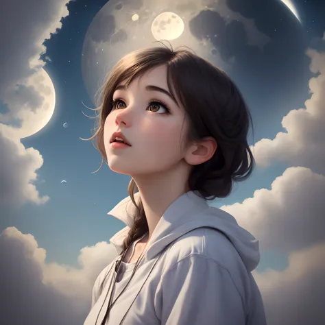 Semi realistic girl looking up at the moon