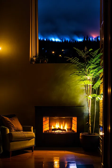 The medieval modern living room is dimly lit，Fireplace in the living room，There were dark rainy nights outside, (Foggy and rainy evening:1.2), Pacific Northwest, (Dim lighting:1.4), (Moody lighting:1.2), a plant, Large plants, Rainy, Monstera, Many plants,...