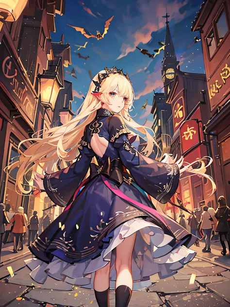 Jack-o-lantern in hand, Medieval European cityscape on Halloween,  Front-facing , Eyes are blue, Blonde girl in pearl pink dress, Her hair runs down her back, Transparent cloth dress shimmering in the light.