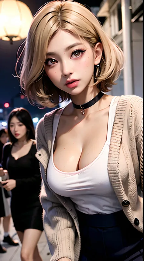 (masterpiece), best quality, expressive detailed eyes, makeup, dark skin, short messy hair, blonde, choker, cardigan, shirt, skirt, large breasts, gyaru, pink blush, long eyelashes, mascara, night life background