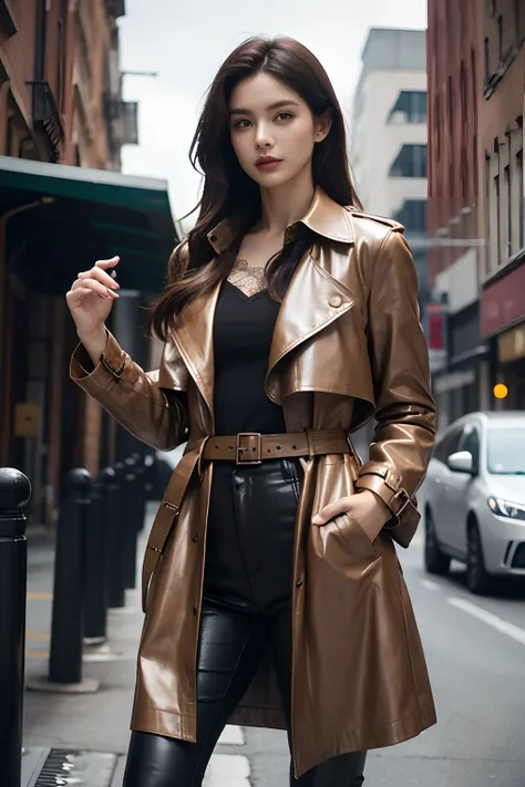 Leather trench coat，Fitted fit，Lace pockets，Metallic leather belt