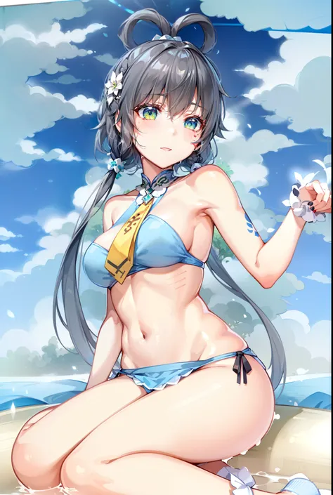 1girll, Gray hair, The eyes are as green as grass, Braids, average breasts, Blush, Light smile, Glow, Thighs, Bare shoulders, 鎖骨, Narrow waist, cleavage, (Masterpiece), (Beautiful detailed face, Beautiful detailed eyes), Bedroom, during night, lying on bed...