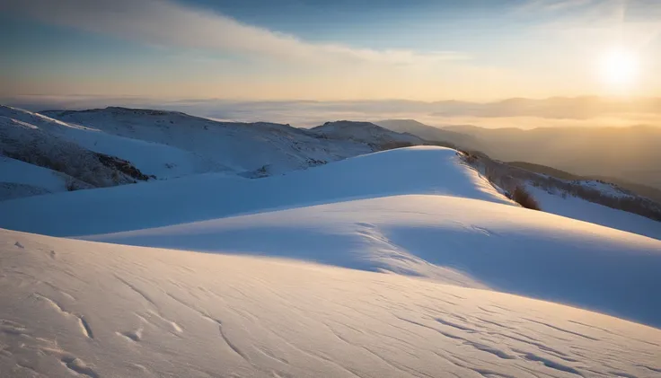 Photo of a hilly snow plain on a sunny morning, resembling a desert covered in snow, professional Nat Geo-like quality, wide-angle shot with rule of thirds composition, low angle shot, top horizontal line as sky-ground division, natural snowy texture, subt...