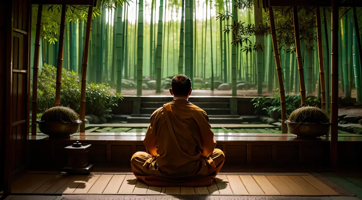 monk，temple，symmetrical composition，The monk sits in the middle，Monk Bag，The monk is facing a bamboo forest.，raining，The monk sits on a futon