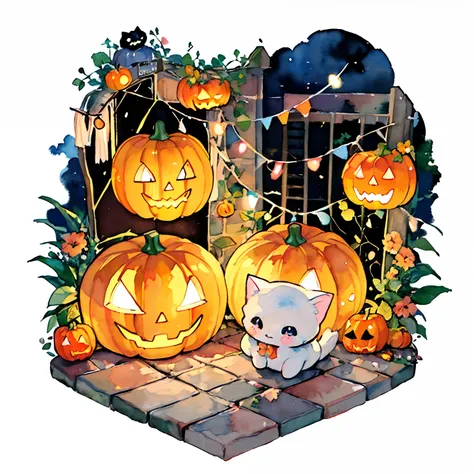 (PastelColors:1.5)、(Cute illustration:1.5)、(watercolor paiting:1.2)、(Jack OLantern:1.2)、catss、Black cat、A cat puts his hand on a pumpkin、Pumpkin and cat、Halloween、magia、kirakira、vine、dark ambiance