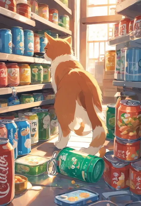 Cats see cans, eating food, Stuck in the jar, and struggle，Mobile phone in hand