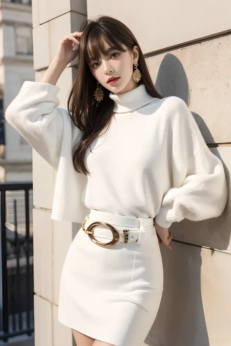 White woolen skirt，Metallic leather belt，Slim and tall，Haute couture