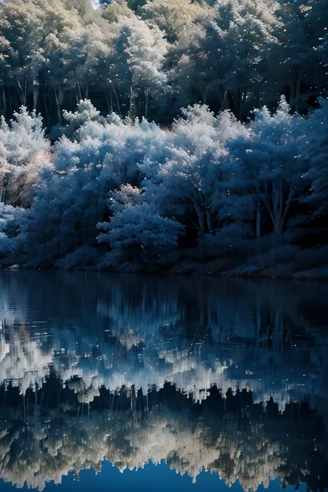 blue trees and bushes are reflected in a still - flowing river, infrared photography, blue landscape, blue reflections, infrared, beautiful nature, blue trees, really beautiful nature, infra - orange, blue forest, blue tree beside a large lake, surreal col...