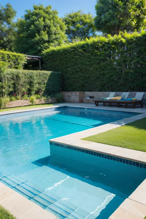 Lots of greenery in the pool，A swimming pool，photorealestic，k hd，frontage，Pool panorama，clear skies