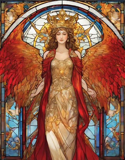 Goddess with a golden crown, large angel wings, red long skirt, Innocence