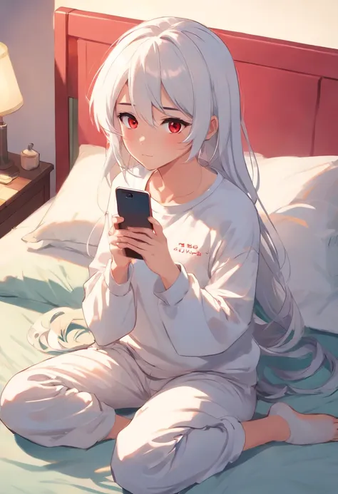 Girl with white hair and red pupils，Wear cartoon long sleeves and long pants, Sitting on the bed and playing with your phone，Look down at your phone