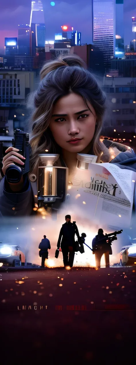 In the daytime，Poster of a man with a gun and a group of people, Bright city atmosphere,Realistic，Bright，morden style，复杂，highly  detailed，（（cinematic ligh））， （真实感：1.5）， （Complex symmetrical war painting：0.5），（highdetailskin：1.2）， 8K  UHD，Soft lighting， Hig...