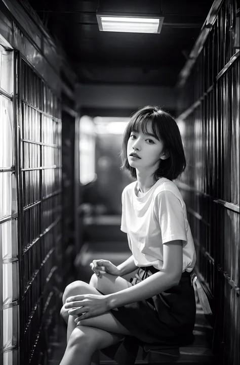 Lonely woman in the library、Photo by Sarah Moon. Cool black and white t-shirt design with text of Japan teenage girl:"September 19". ,High contrast, Halation, 8K, Cinematic, high detailing, Girls love girls、I kiss you., Photo, Fashion,selfee,Monochrome pho...