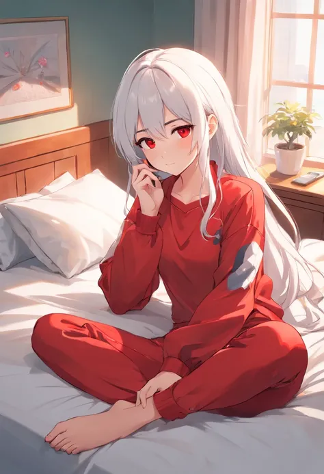 Girl with white hair and red pupils，Wear red cartoon long sleeves and long pants, Sitting on the bed and playing with your phone，Look down at your phone