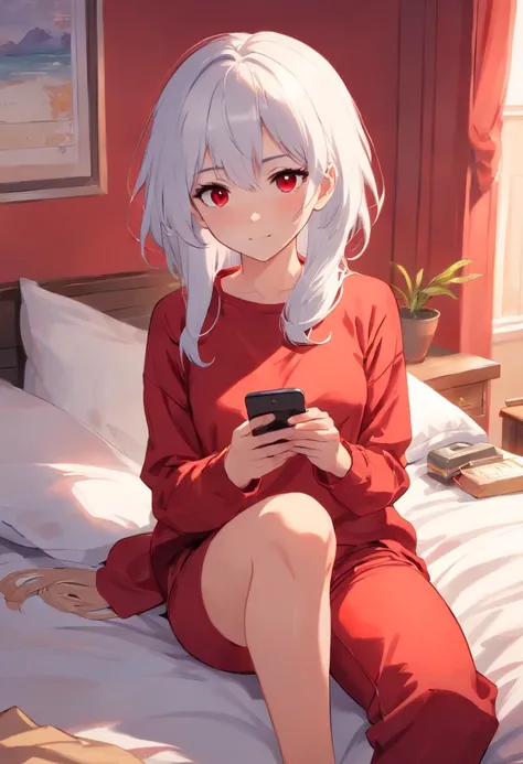 Girl with white hair and red pupils，Wear red cartoon long sleeves and long pants, Sitting on the bed and playing with your phone，Look down at your phone