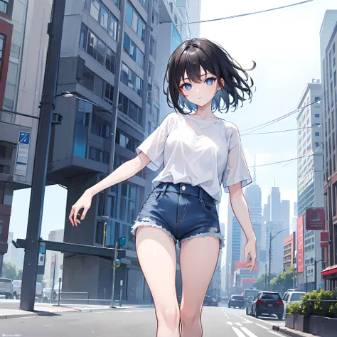 1girl, short black hair, blue eyes, wearing plain white shirt, denim shorts, city, absurdres, high res, ultrasharp, 8K, masterpiece, looking at viewer