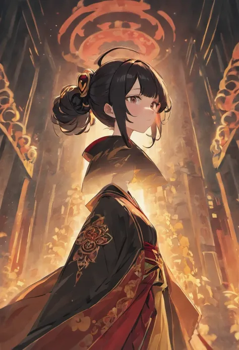 cute chinese historical girl with high black bun hair manhwa style illustratrion front