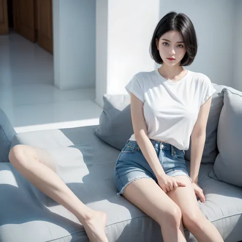 1girl, short black hair, blue eyes, wearing plain white shirt, denim shorts, city, absurdres, high res, ultrasharp, 8K, masterpiece, looking at viewer