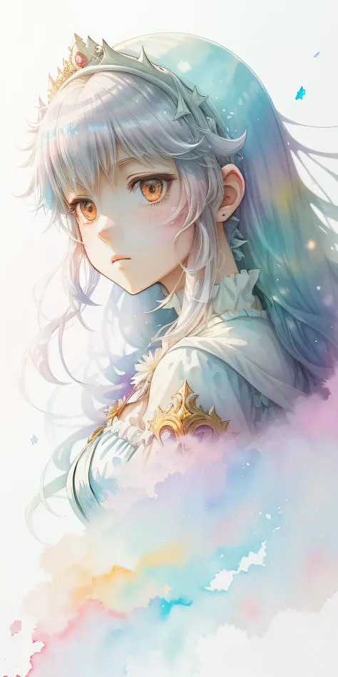 perfectly structured, (watercolor), digital illustration, anime style, a dirty, the immaculate (princess of light:1.3), highly detailed, volumetric lighting, kawaii pastel colors, dynamic composition, sharp and crisp image, (delicate, sublime:1.2), beautif...