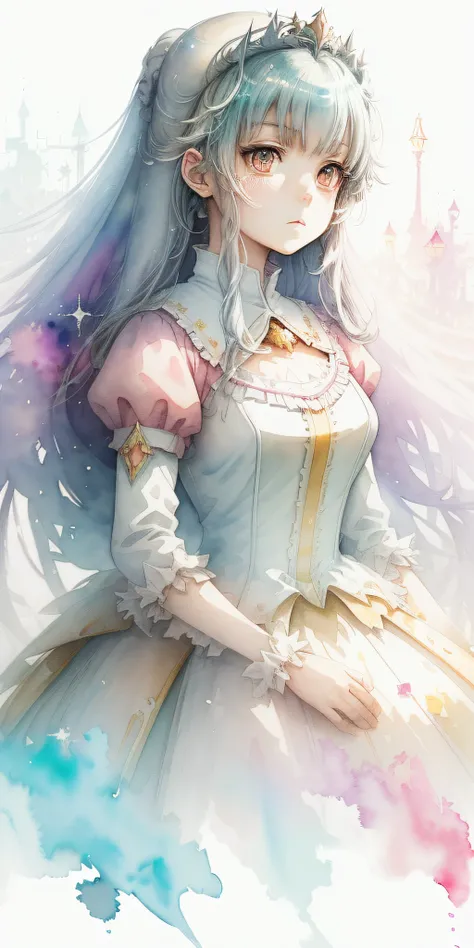 perfectly structured, (watercolor), digital illustration, anime style, a dirty, the immaculate (princess of light:1.3), highly detailed, volumetric lighting, kawaii pastel colors, dynamic composition, sharp and crisp image, (delicate, sublime:1.2), beautif...